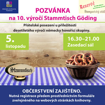 5.11. 2024 oslavuje v naší knihovně 10 let své existence Stammtisch Göding - německy hovořící skupina v Hodoníně. Kvůli zajištění občerstvení je na akci nutná registrace předem do 30.10.2024 a to prostřednictvím formuláře zveřejněného na domovské webové stránce knihovny nebo přímo pod tímto odkazem  https://forms.office.com/e/6YJk5SWZJv
K přihlašovacímu formuláři se dostanete i naskenováním QR kódu na plakátu

INFORMACE O PROGRAMU
Úterý 5. 11. / Stammtisch 10 let Štamgastský stůl Hodonín
Přátelské posezení u příležitosti desetiletého výročí německy hovořící skupiny.
Oslavu zahájí hlavní organizátor a zakladatel hodonínského Stammtische Erich Sevcik a přivítá účastníky. V rámci programu vystoupí Dieter Stange a představí činnost a poslání Stammtisch. Připraven je i hudební doprovod Ericha Ziba z Vídně a Kapely starých časů z Prušánek. Občerstvení zajištěno.
16:30 – 21:00 / Zasedací sál